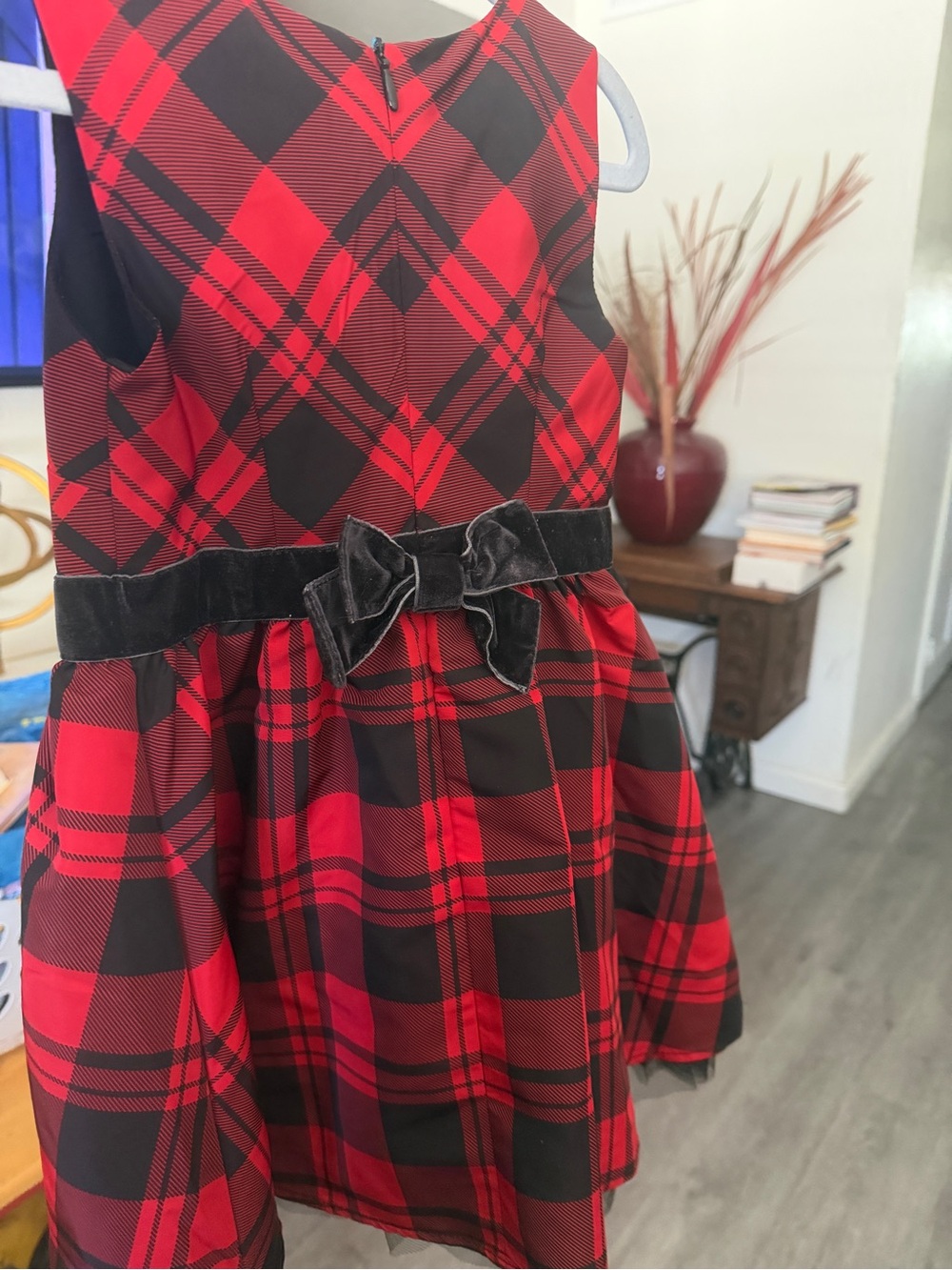 Red and Black Plaid Velvet -Bow Party Dress w/Tulle